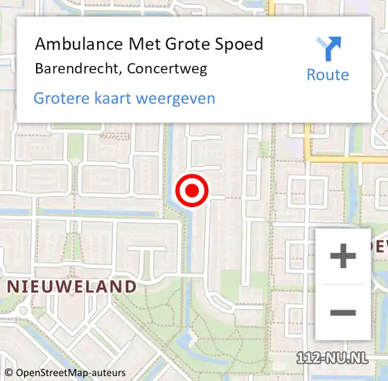 Locatie op kaart van de 112 melding: Ambulance Met Grote Spoed Naar Barendrecht, Concertweg op 30 oktober 2024 21:37