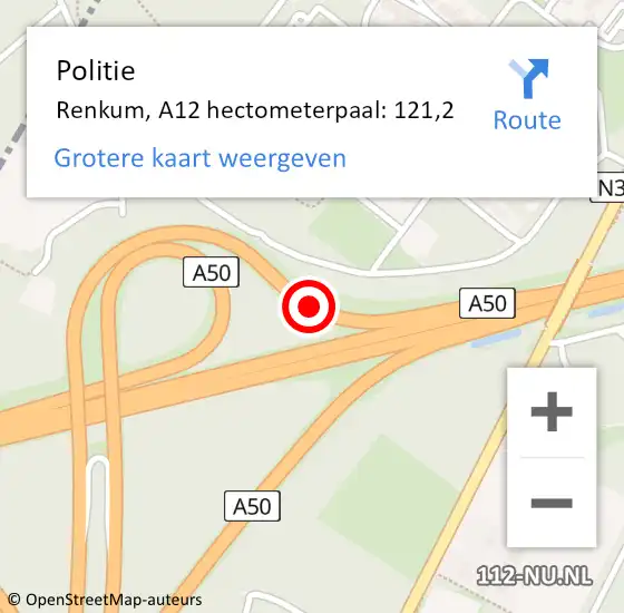 Locatie op kaart van de 112 melding: Politie Renkum, A12 hectometerpaal: 121,2 op 30 oktober 2024 23:36