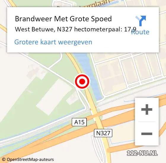 Locatie op kaart van de 112 melding: Brandweer Met Grote Spoed Naar West Betuwe, N327 hectometerpaal: 17,9 op 31 oktober 2024 06:54