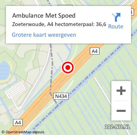 Locatie op kaart van de 112 melding: Ambulance Met Spoed Naar Zoeterwoude, A4 hectometerpaal: 36,6 op 31 oktober 2024 08:45