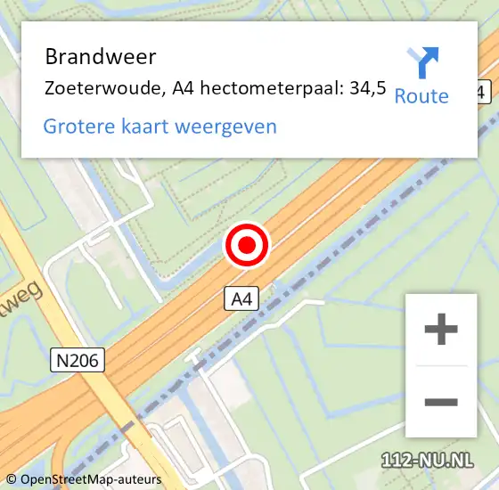 Locatie op kaart van de 112 melding: Brandweer Zoeterwoude, A4 hectometerpaal: 34,5 op 31 oktober 2024 08:46