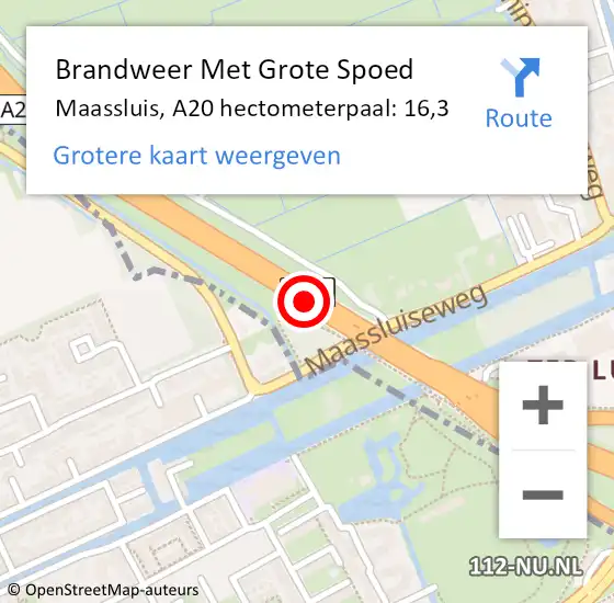 Locatie op kaart van de 112 melding: Brandweer Met Grote Spoed Naar Maassluis, A20 hectometerpaal: 16,3 op 31 oktober 2024 10:04