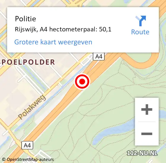 Locatie op kaart van de 112 melding: Politie Rijswijk, A4 hectometerpaal: 50,1 op 31 oktober 2024 12:25