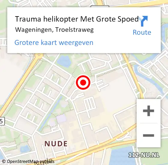 Locatie op kaart van de 112 melding: Trauma helikopter Met Grote Spoed Naar Wageningen, Troelstraweg op 31 oktober 2024 12:40