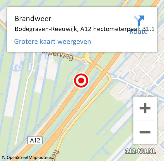 Locatie op kaart van de 112 melding: Brandweer Bodegraven-Reeuwijk, A12 hectometerpaal: 31,1 op 31 oktober 2024 14:02