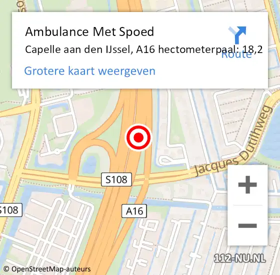 Locatie op kaart van de 112 melding: Ambulance Met Spoed Naar Capelle aan den IJssel, A16 hectometerpaal: 18,2 op 31 oktober 2024 17:42