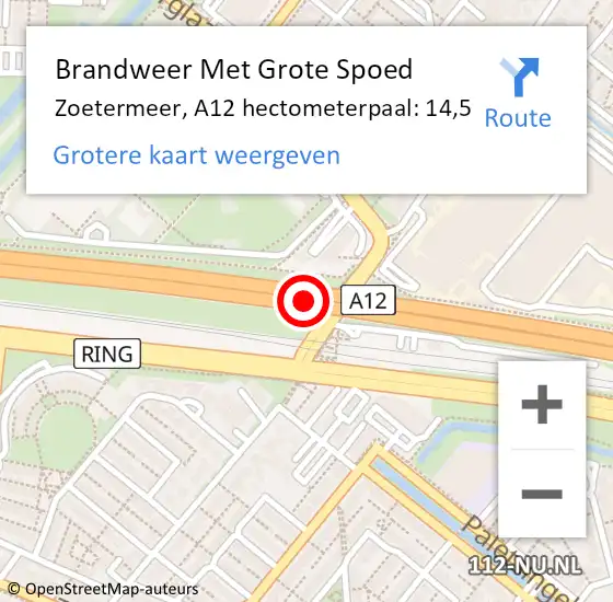 Locatie op kaart van de 112 melding: Brandweer Met Grote Spoed Naar Zoetermeer, A12 hectometerpaal: 14,5 op 31 oktober 2024 18:17