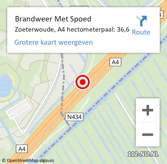 Locatie op kaart van de 112 melding: Brandweer Met Spoed Naar Zoeterwoude, A4 hectometerpaal: 36,6 op 31 oktober 2024 18:44