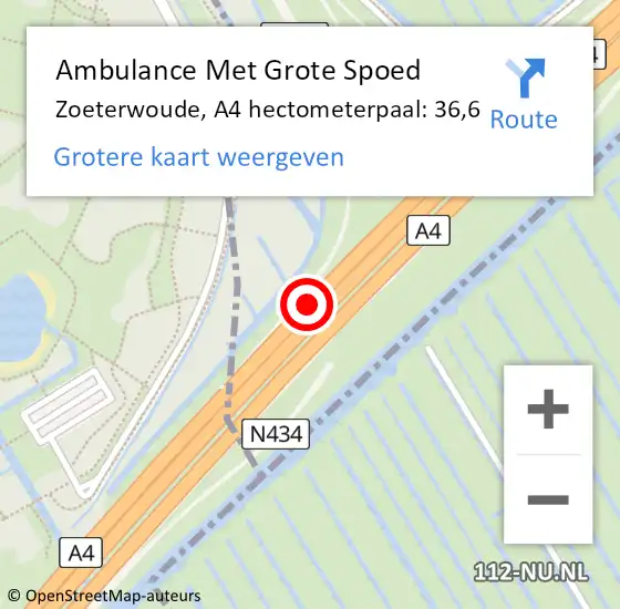 Locatie op kaart van de 112 melding: Ambulance Met Grote Spoed Naar Zoeterwoude, A4 hectometerpaal: 36,6 op 31 oktober 2024 18:55