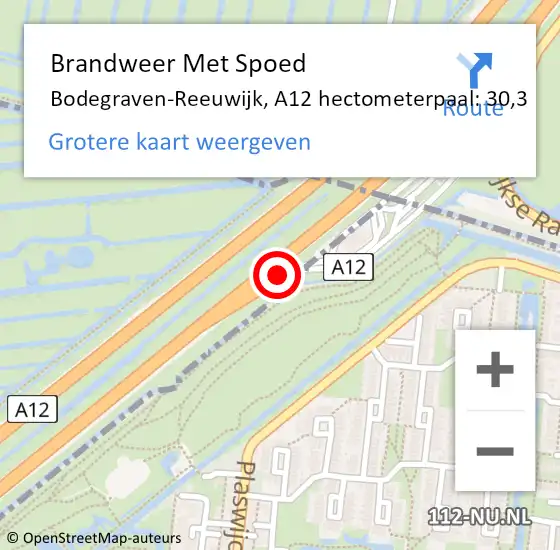 Locatie op kaart van de 112 melding: Brandweer Met Spoed Naar Bodegraven-Reeuwijk, A12 hectometerpaal: 30,3 op 31 oktober 2024 20:46