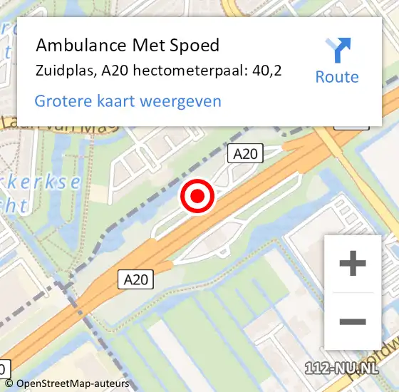 Locatie op kaart van de 112 melding: Ambulance Met Spoed Naar Zuidplas, A20 hectometerpaal: 40,2 op 31 oktober 2024 21:24