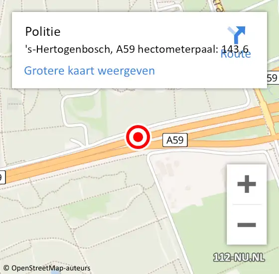 Locatie op kaart van de 112 melding: Politie 's-Hertogenbosch, A59 hectometerpaal: 143,6 op 31 oktober 2024 21:24