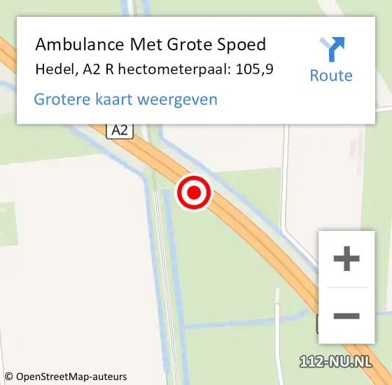 Locatie op kaart van de 112 melding: Ambulance Met Grote Spoed Naar Hedel, A2 R hectometerpaal: 105,9 op 25 oktober 2014 12:34