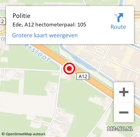 Locatie op kaart van de 112 melding: Politie Ede, A12 hectometerpaal: 105 op 31 oktober 2024 22:58