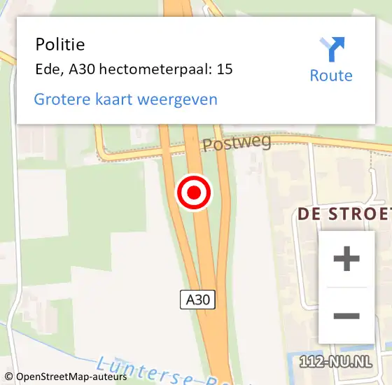 Locatie op kaart van de 112 melding: Politie Ede, A30 hectometerpaal: 15 op 1 november 2024 00:26