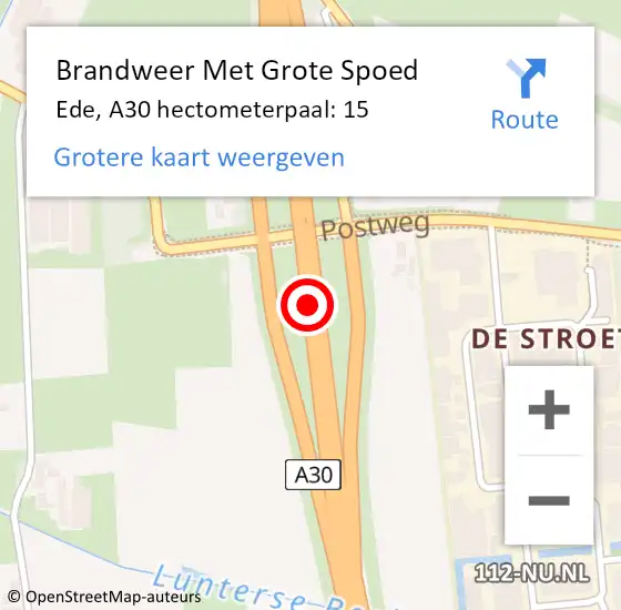 Locatie op kaart van de 112 melding: Brandweer Met Grote Spoed Naar Ede, A30 hectometerpaal: 15 op 1 november 2024 00:31