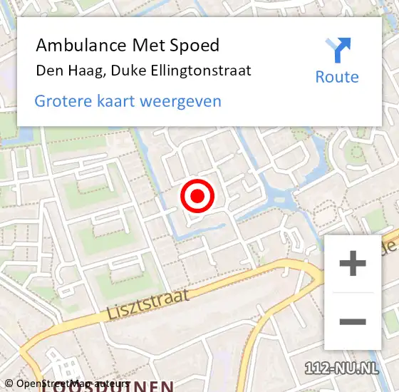 Locatie op kaart van de 112 melding: Ambulance Met Spoed Naar Den Haag, Duke Ellingtonstraat op 1 november 2024 02:16