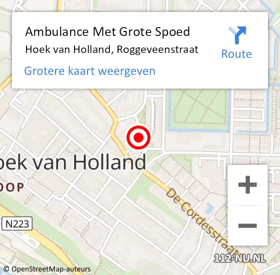 Locatie op kaart van de 112 melding: Ambulance Met Grote Spoed Naar Hoek van Holland, Roggeveenstraat op 1 november 2024 03:03