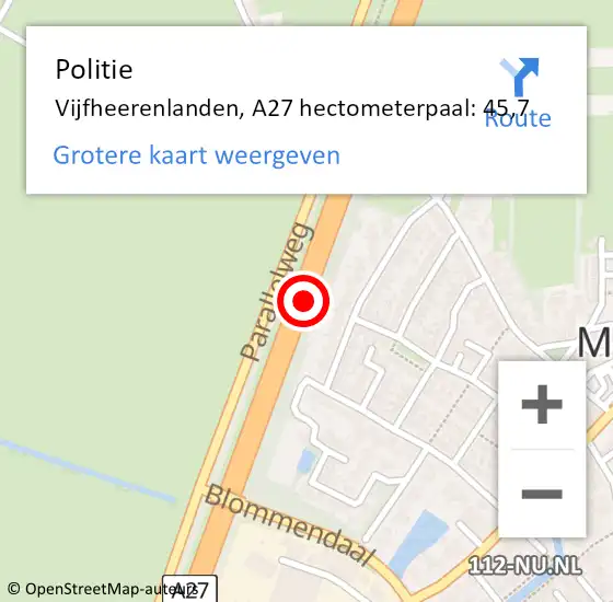 Locatie op kaart van de 112 melding: Politie Vijfheerenlanden, A27 hectometerpaal: 45,7 op 1 november 2024 08:04