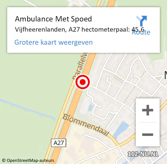 Locatie op kaart van de 112 melding: Ambulance Met Spoed Naar Vijfheerenlanden, A27 hectometerpaal: 45,6 op 1 november 2024 08:07