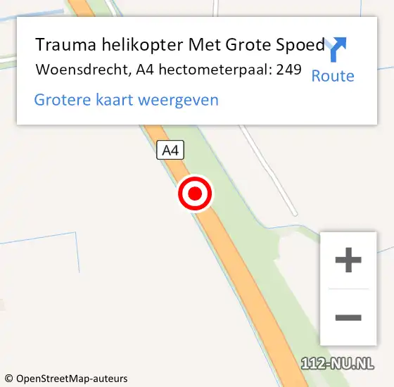 Locatie op kaart van de 112 melding: Trauma helikopter Met Grote Spoed Naar Woensdrecht, A4 hectometerpaal: 249 op 1 november 2024 08:25