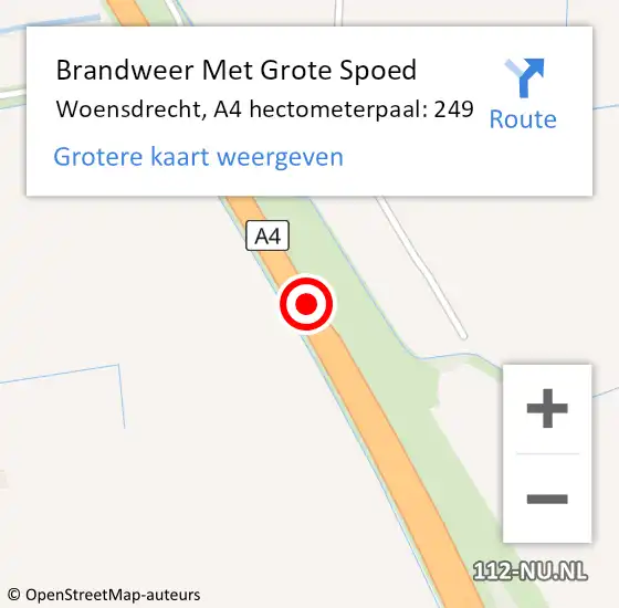 Locatie op kaart van de 112 melding: Brandweer Met Grote Spoed Naar Woensdrecht, A4 hectometerpaal: 249 op 1 november 2024 08:56