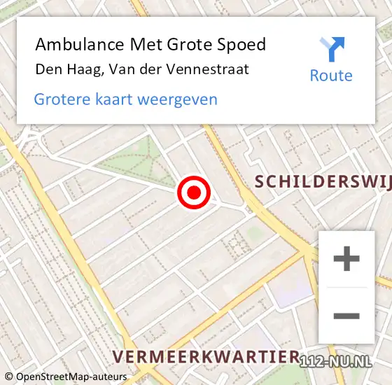 Locatie op kaart van de 112 melding: Ambulance Met Grote Spoed Naar Den Haag, Van der Vennestraat op 1 november 2024 10:45