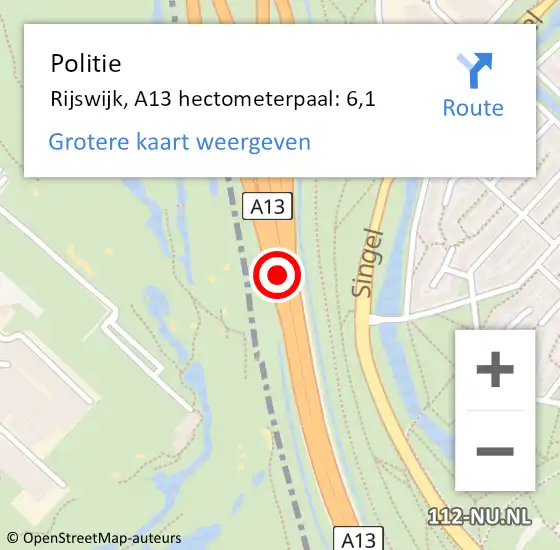 Locatie op kaart van de 112 melding: Politie Rijswijk, A13 hectometerpaal: 6,1 op 1 november 2024 13:03