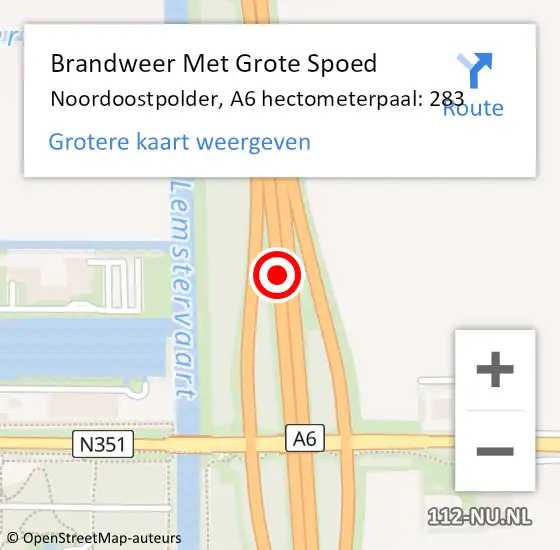 Locatie op kaart van de 112 melding: Brandweer Met Grote Spoed Naar Noordoostpolder, A6 hectometerpaal: 283 op 1 november 2024 13:48