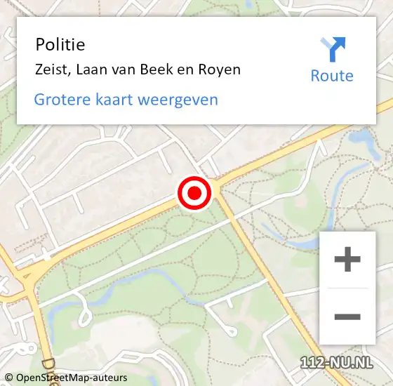 Locatie op kaart van de 112 melding: Politie Zeist, Laan van Beek en Royen op 1 november 2024 14:34