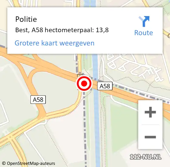 Locatie op kaart van de 112 melding: Politie Best, A58 hectometerpaal: 13,8 op 1 november 2024 15:06