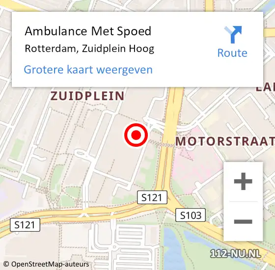 Locatie op kaart van de 112 melding: Ambulance Met Spoed Naar Rotterdam, Zuidplein Hoog op 1 november 2024 15:25