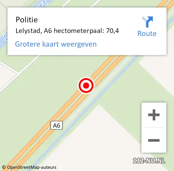 Locatie op kaart van de 112 melding: Politie Lelystad, A6 hectometerpaal: 70,4 op 1 november 2024 15:28