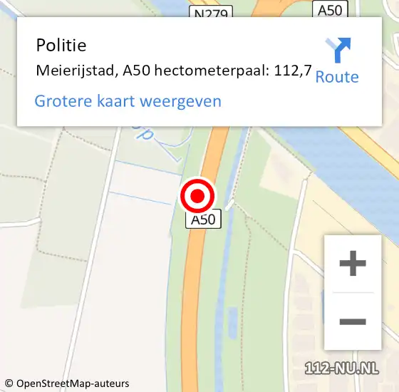 Locatie op kaart van de 112 melding: Politie Meierijstad, A50 hectometerpaal: 112,7 op 1 november 2024 15:30