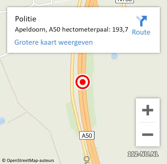 Locatie op kaart van de 112 melding: Politie Apeldoorn, A50 hectometerpaal: 193,7 op 1 november 2024 15:36