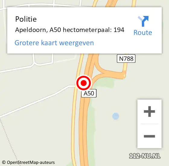 Locatie op kaart van de 112 melding: Politie Apeldoorn, A50 hectometerpaal: 194 op 1 november 2024 15:38