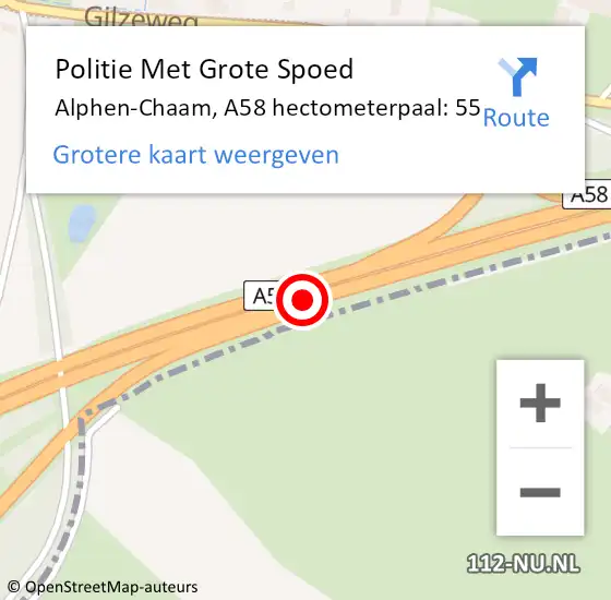 Locatie op kaart van de 112 melding: Politie Met Grote Spoed Naar Alphen-Chaam, A58 hectometerpaal: 55 op 1 november 2024 16:29