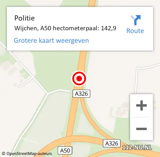 Locatie op kaart van de 112 melding: Politie Wijchen, A50 hectometerpaal: 142,9 op 1 november 2024 18:36