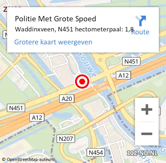 Locatie op kaart van de 112 melding: Politie Met Grote Spoed Naar Waddinxveen, N451 hectometerpaal: 1,8 op 1 november 2024 20:48