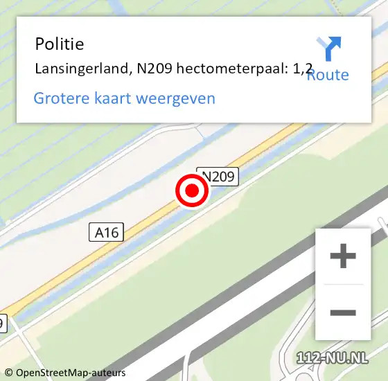 Locatie op kaart van de 112 melding: Politie Lansingerland, N209 hectometerpaal: 1,2 op 1 november 2024 23:38