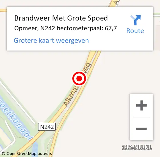 Locatie op kaart van de 112 melding: Brandweer Met Grote Spoed Naar Opmeer, N242 hectometerpaal: 67,7 op 2 november 2024 03:17