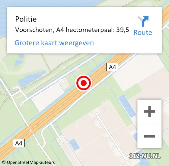 Locatie op kaart van de 112 melding: Politie Voorschoten, A4 hectometerpaal: 39,5 op 2 november 2024 06:23