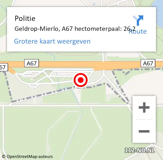 Locatie op kaart van de 112 melding: Politie Geldrop-Mierlo, A67 hectometerpaal: 26,2 op 2 november 2024 09:12