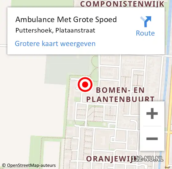 Locatie op kaart van de 112 melding: Ambulance Met Grote Spoed Naar Puttershoek, Plataanstraat op 2 november 2024 13:18