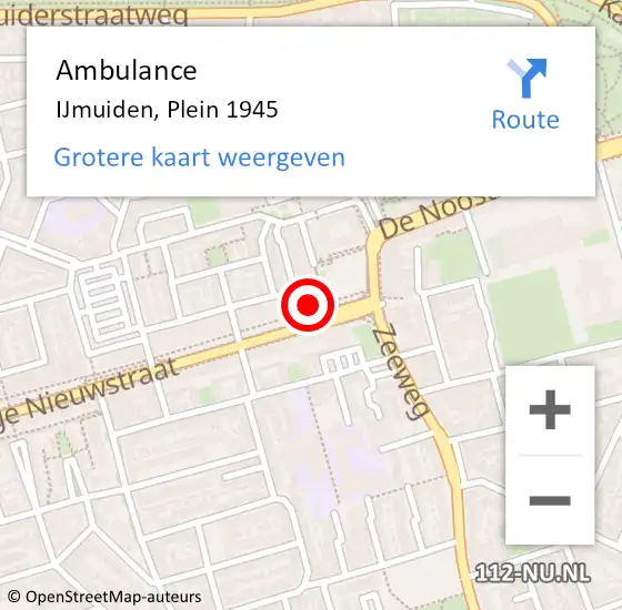 Locatie op kaart van de 112 melding: Ambulance IJmuiden, Plein 1945 op 2 november 2024 14:31