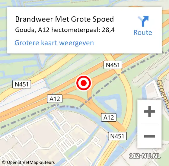 Locatie op kaart van de 112 melding: Brandweer Met Grote Spoed Naar Gouda, A12 hectometerpaal: 28,4 op 2 november 2024 15:37