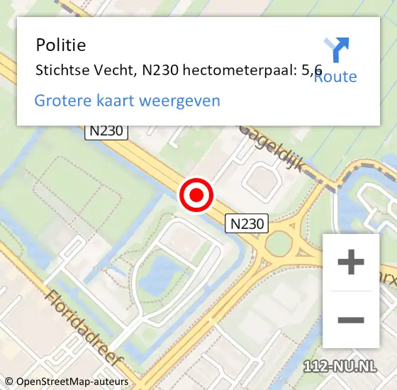 Locatie op kaart van de 112 melding: Politie Stichtse Vecht, N230 hectometerpaal: 5,6 op 2 november 2024 15:39