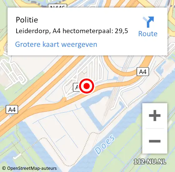 Locatie op kaart van de 112 melding: Politie Leiderdorp, A4 hectometerpaal: 29,5 op 2 november 2024 15:50