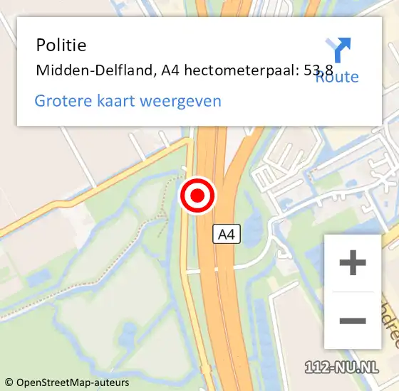 Locatie op kaart van de 112 melding: Politie Midden-Delfland, A4 hectometerpaal: 53,8 op 2 november 2024 18:12