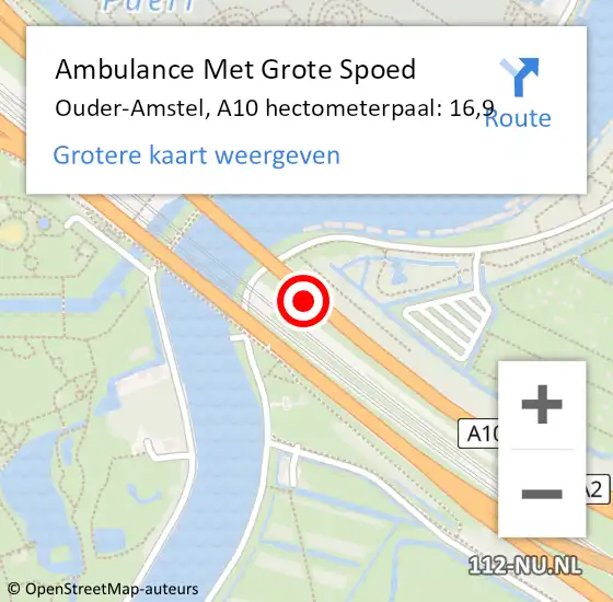 Locatie op kaart van de 112 melding: Ambulance Met Grote Spoed Naar Ouder-Amstel, A10 hectometerpaal: 16,9 op 2 november 2024 18:29